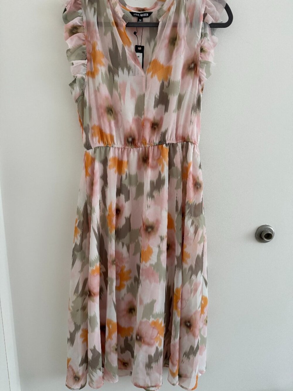 Steve Madden Chiffon Floral Midi Dress Flutter Sleeve High-Low Hem M NWT